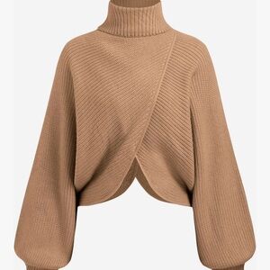 Chic High-Neck Brown Cris Cross Cropped Sweater